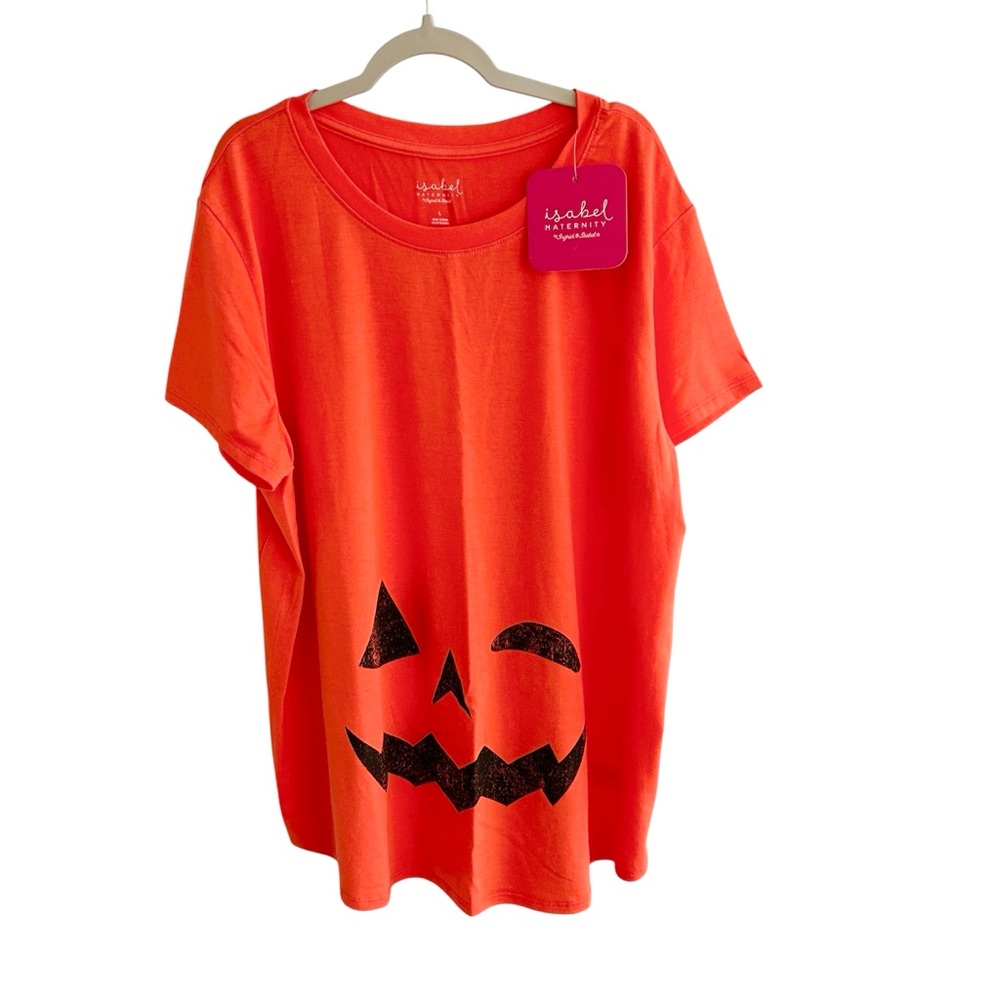 NWT Isabel Maternity Short Sleeve Orange Winking Pumpkin Face Halloween Tee Sz L